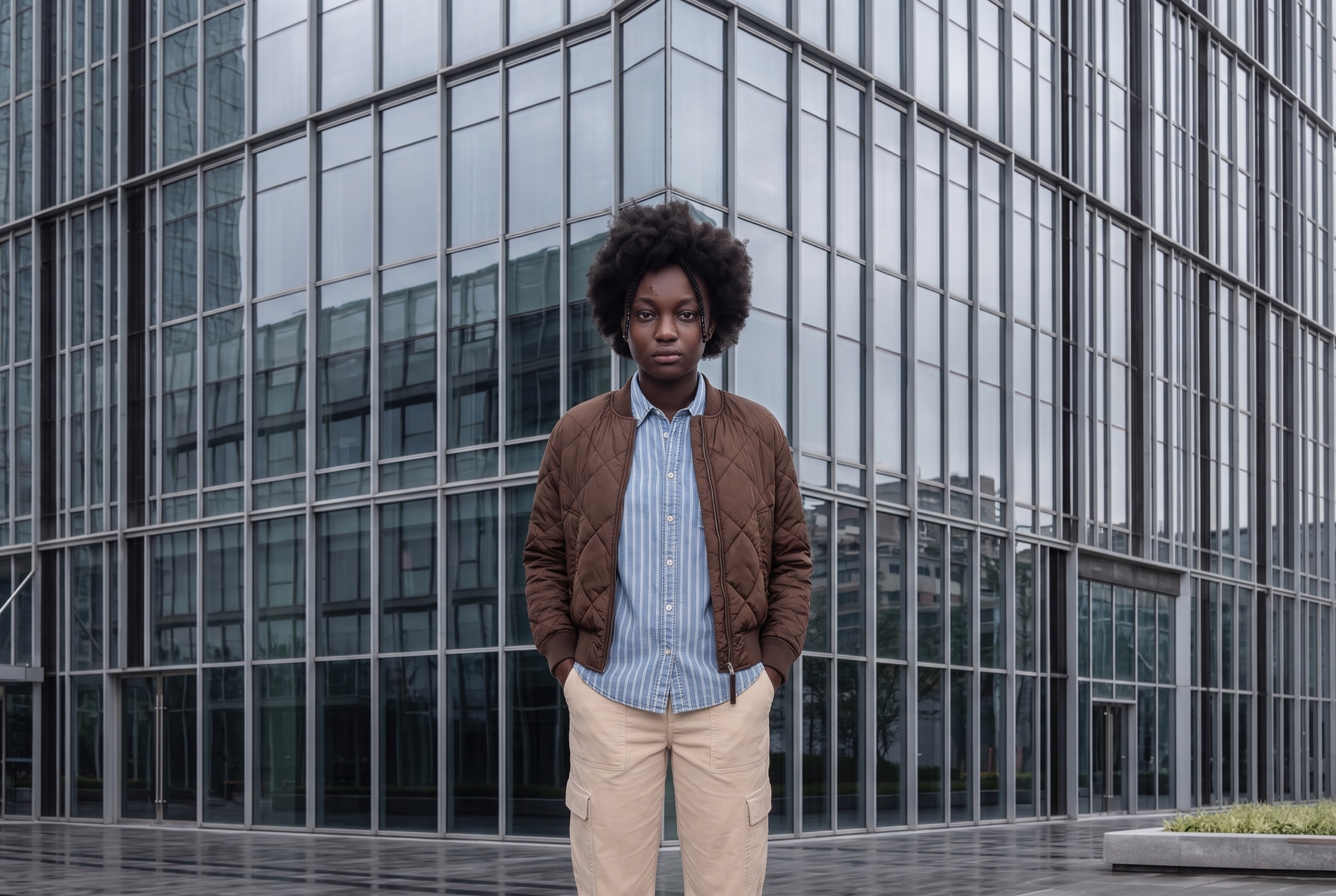 Mädchen in brauner Steppjacke vor einer gläsernen Bürofassade