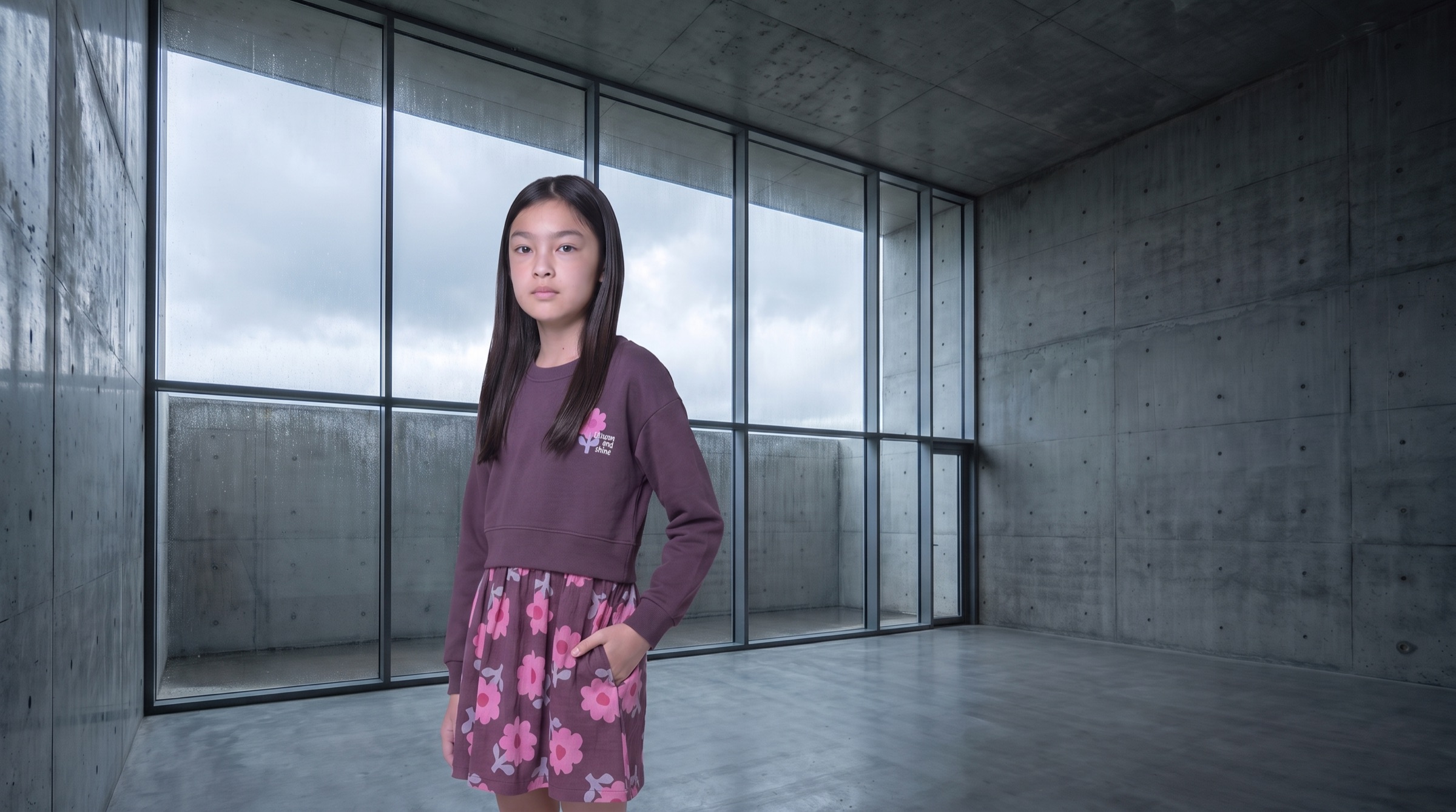 Mädchen in lila Sweatshirt und Blumenrock in einem Betonraum mit großer Fensterfront